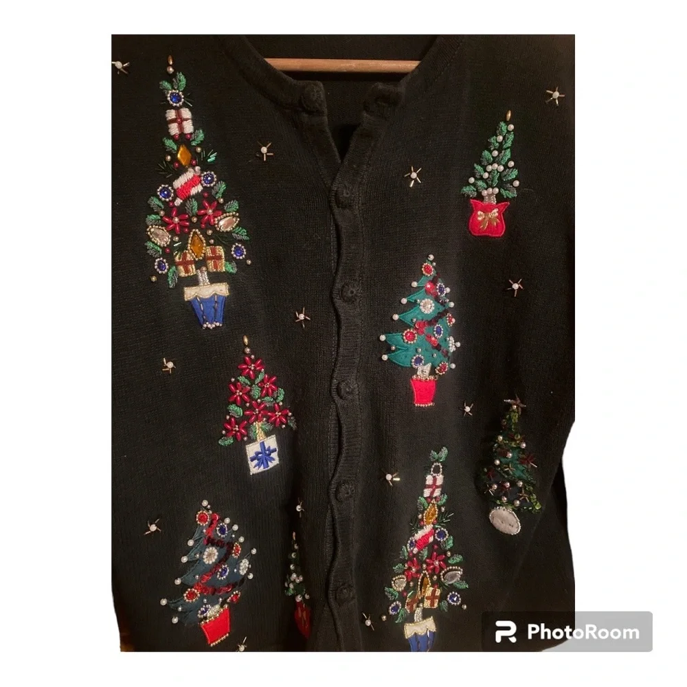 Vintage Victoria Jones Beaded Christmas Tree Cardigan Sweater Women’s Large